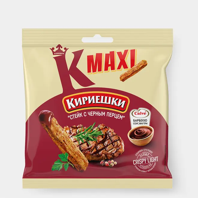 54658.webp «Кириешки Maxi», сухарики со вкусом стейка с черным перцем и соусом барбекю «Calve», 75 г